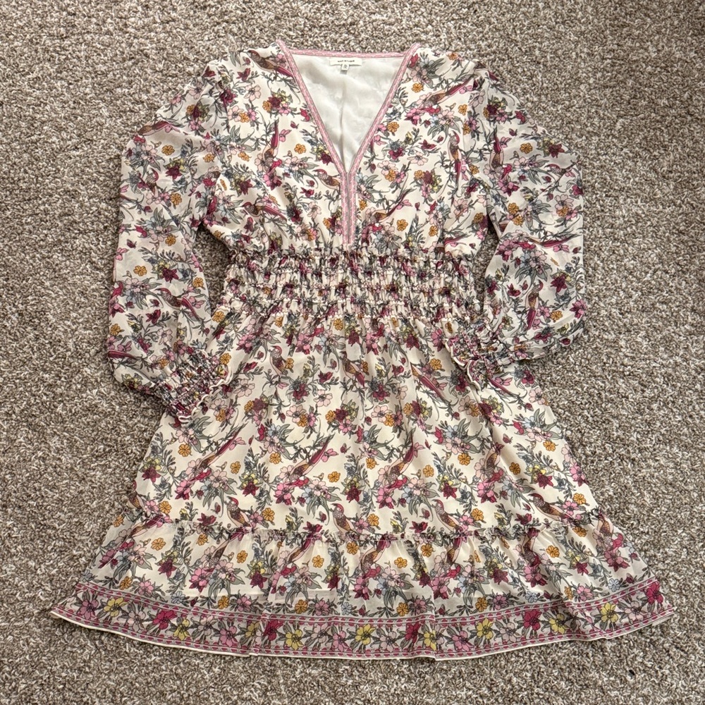 Max Studio Pink and Cream Floral Bird Patterned Dress XL
